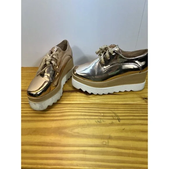 Metallic Rose Gold Platform Oxford Shoes Size 7.5 Lug Sole Chunky Lace-Up - Picture 4 of 8
